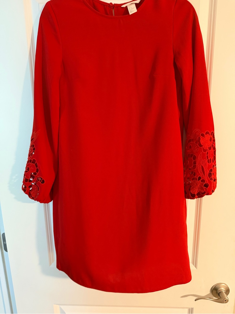 H&M Red Long Sleeve Shift Dress with Embroidered Sleeves
